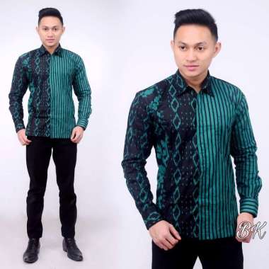 TBF-Baju Kemeja Batik Pria Lengan Panjang Motif Lurik Kombinasi Pesta Kantor hijau XL