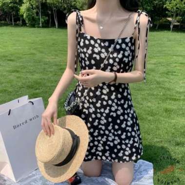 Dress Tali Flower Dress Wanita Korea Style Dress Wanita Flower Cream