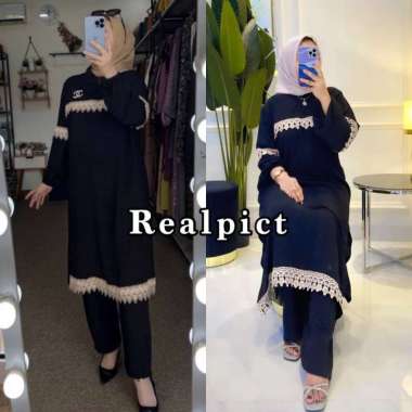 Joyagh One Set Tunik Renda Crinkle Airflow Setelan Wanita Lengan Panjang Fashion Muslim Kekinian LD 