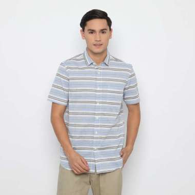 Platini Kemeja Garis Pria Lengan Pendek Katun Yarndyed Dobby 73300 Biru XXL