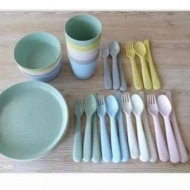 Set Alat Makan Plastik Warna Pastel (Mangkok,Gelas,Piring,Sendok)