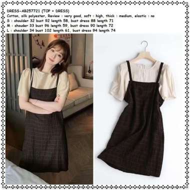 AB257721 Setelan Overall Mini Dress Kotak Blouse Wanita Korea Import