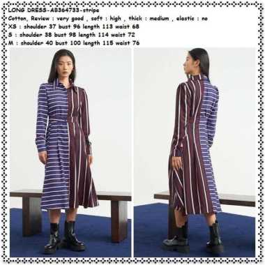 AB364733 Long Dress Midi Kemeja Biru Garis Lengan Panjang Wanita Tunik