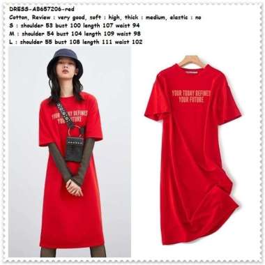 AB657206 Quote Midi Mini Dress Kaos Santai Wanita Korea Import Merah