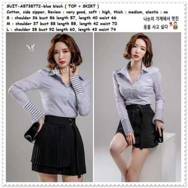 AB738772 Setelan Baju Atasan Kemeja Rok Mini Plisket Wanita Korea