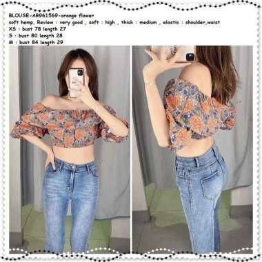 AB961569 Baju Atasan Sabrina Crop Top Blouse Bunga Orange Wanita Korea