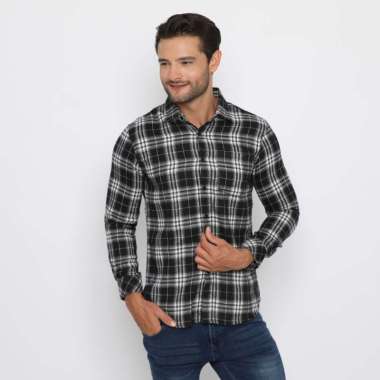 Platini Kemeja Pria Flanel Panjang Hitam 76302 S