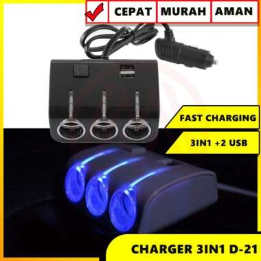 CHARGER MOBIL 3 WAY SPLITTER 2 USB CHARGER MOBIL 3 IN 1 + 2 USB LED
