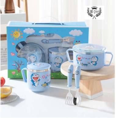 Stainless 304 SUS Tableware BPA Free Set Piring Gelas alat makan anak Doraemon warna