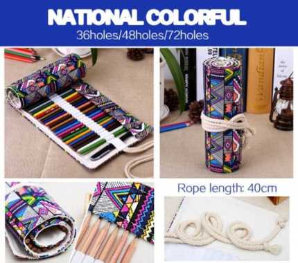 Tas Tempat Pensil Gulung Canvas 48 Slot 20 X 56Cm Case Pensil Warna Multicolor