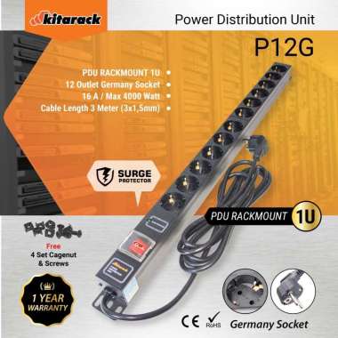 P12G - PDU Rackmount 1U 12 Outlet Germany Socket 19" KITARACK - SURABAYA