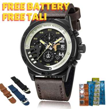 Jam Tangan Pria T5 Original Tali Kulit Chrono & Tangggal Aktif Free Taali &Battery Cadangan Box & Ga