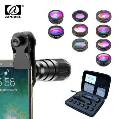 APEXEL 10 in 1 Lensa Hp Smartphone Tele Telephoto Macro Wide Macro Fisheye Kaleidoskop CPL Radial Fl