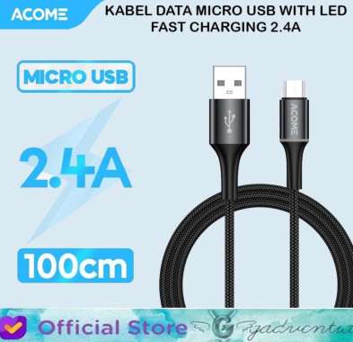 ACOME AOM-010 KABEL DATA MICRO USB LED CHARGER CABLE FAST 2.4A VIVO - BLACK BLACK - 1M