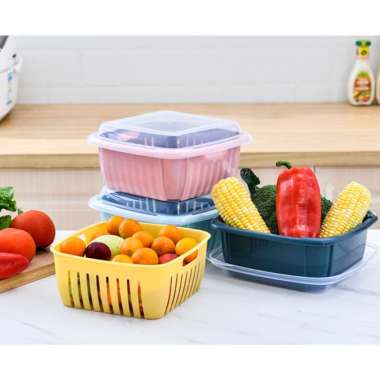 Fresh keeping box Food container Wadah Pencuci Buah dan Sayuran pink