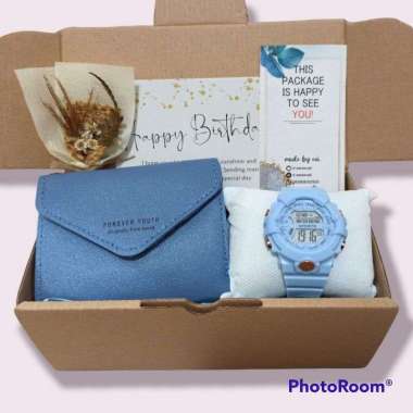 Hadiah Ulang Tahun Pacar Bestie Anak Perempuan Gift Box Biru Kado Ultah Jam Tangan Cewek Dompet Pere