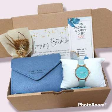 Hadiah Ulang Tahun Pacar Bestie Anak Perempuan Gift Box Biru Kado Ultah Jam Tangan Cewek Dompet Pere