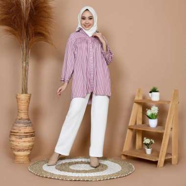Kemeja Jumbo Wanita Motif Salur - Atasan Wanita Peach