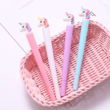 Pulpen Gel Hitam 0.5mm Kartun Karakter Unicorn Rainbow Pena Gel random