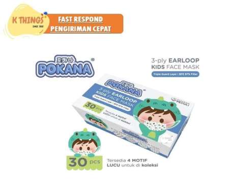 Pokana 3Ply Earloop Kids Surgical Face Mask Masker Anak Pokana 30 Pcs