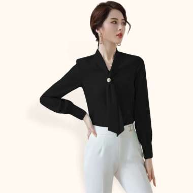 Kemeja lengan panjang wanita gaya Korea variasi syal model terbaru - Jfashion Lovina XXXL Hitam