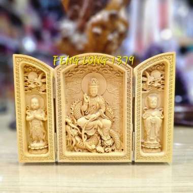 Miniatur Ukiran Kayu Lipat Rupang Dewa 3 In 1 Tiga Sisi [A] Guan Yin Naga