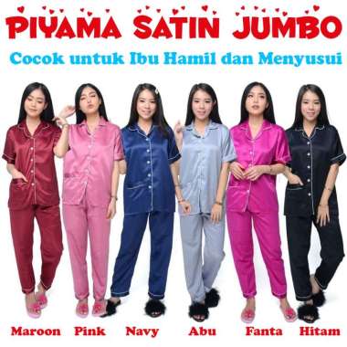Baju Tidur Piyama Satin JUMBO Wanita Baju Ibu Hamil dan Menyusui Navy