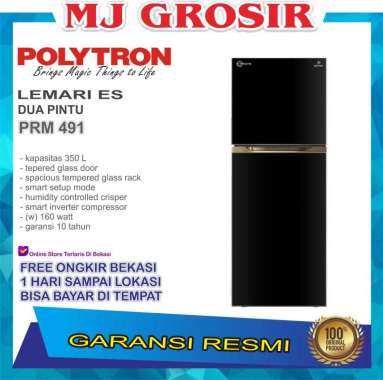 KULKAS POLYTRON PRM 491 LEMARI ES 2 PINTU TEMPERED GLASS INVERTER 350L