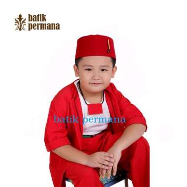 Pangsi betawi anak lengkap ( atasan, bawahan, peci, sabuk, pin golok, kalung merah )