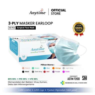 Masker Hitam Earloop Anytime Terbaik 3-Ply EarLoop Surgical Face Mask / Masker 3-Ply EarLoop – 50 pc