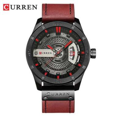 CURREN 8301 Jam Tangan Pria Analog Tali Kulit Chronograph Aktif Merah