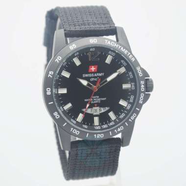 Swiss Army DHC + Quartz Kanvas / Nylon SA 3777 Analog Tanggal Black Jam Tangan Pria