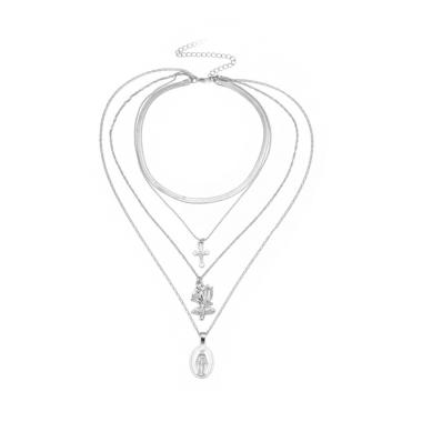 Bluelans Fashion Multi-Layer Jesus Flower The Cross Pendant Choker Necklace Women - Silver