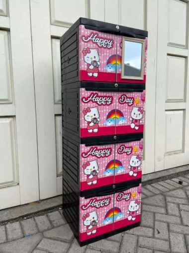 Lemari Plastik AQUOSE DIVA Mini Susun 4 Motif DORAEMON & HELLOKITTY Full Kunci + Kaca MURAH SURABAYA