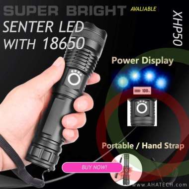 Senter LD Kuat super terang jarak jauh rechargeable XHP50 dgn 1x18650 90000Lumens