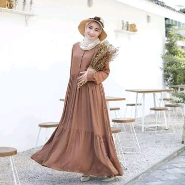 Dinda Dress - Gamis katun - Homy Dress wanita - Gamis polos katin Adem caramel