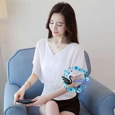 Blouse Korea Wanita / Blus Sifon Gaya Korea Model Wing Batwing Atasan Nammy - Swan L Putih