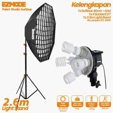 EZMODE 4 Socket Softbox Octagon 80cm with Grid + Light Stand with 4 Lamp