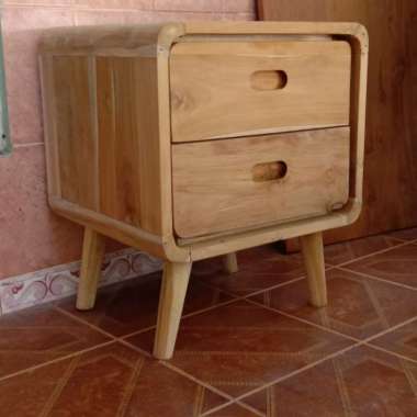 Nakas kayu jati, Meja nakas 2 laci, Nakas retro MENTAH