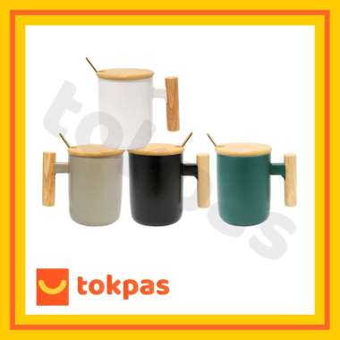 Mug Gagang Kayu Cangkir Teh Kopi Keramik Minimalis Yuka Dengan Tutup Dan Sendok Hijau