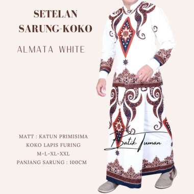 ALMATA WHITE Setelan Sarung Batik + Koko Batik Lengan Panjang Sarung Motif Batik Pakaian Muslim Pria