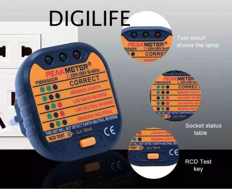 Socket Tester Peakmeter PM6860DR GFCI RCD Soket Meter PM 6860DR Grounding Meter 220v Kelistrikan EU 