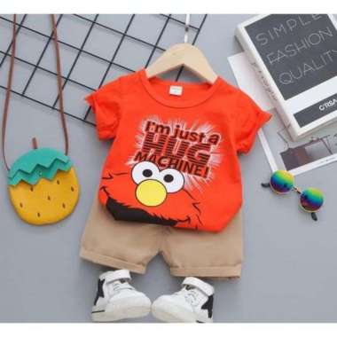 STELAN PENDEK ANAK BAYI/ BAJU ANAK KAOS DORAEMON, ELMO, DINO LUCU M Orange Elmo Hug