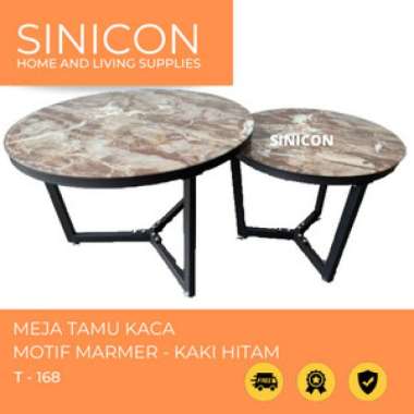 Meja Tamu Kaca Bulat Motif marmer susun - Coklat Muda