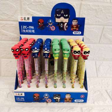 PENSIL CABUT/PINSIL BENSIA KARAKTER SUPERHERO,SQUID GAME,HAMBURGER,CARS,KAKI superhero