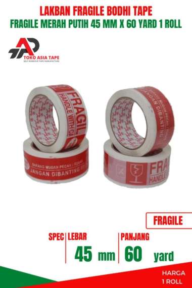 LAKBAN PACKING FRAGILE MERAH PUTIH 45MM X 60YARD BODHI TAPE 1 ROLL MERAH PUTIH