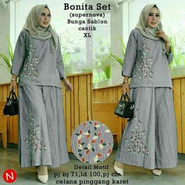 Stelan BONITA, Blouse + celana Kulot , Baju Muslim Wanita terbaru XL Abu