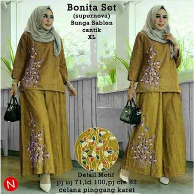 Stelan BONITA, Blouse + celana Kulot , Baju Muslim Wanita terbaru XXL kunyit