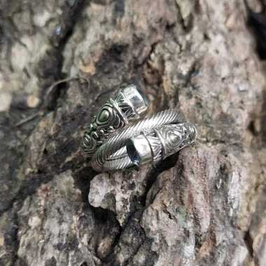 Cincin Ring Perak Silver Bali Asli 925 Ukir Tumpuk Lilit Batu Dua Amethyst Ungu Blue Topaz Pria Laki