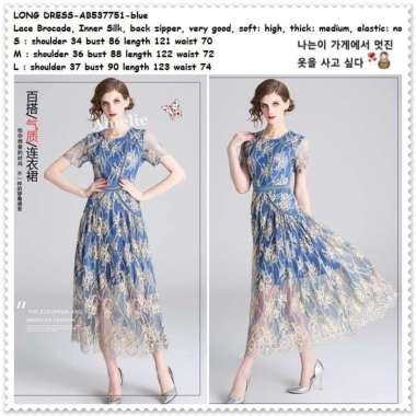 AB537751 Long Dress Midi Brukat Gaun Pesta Wanita Korea Import Biru